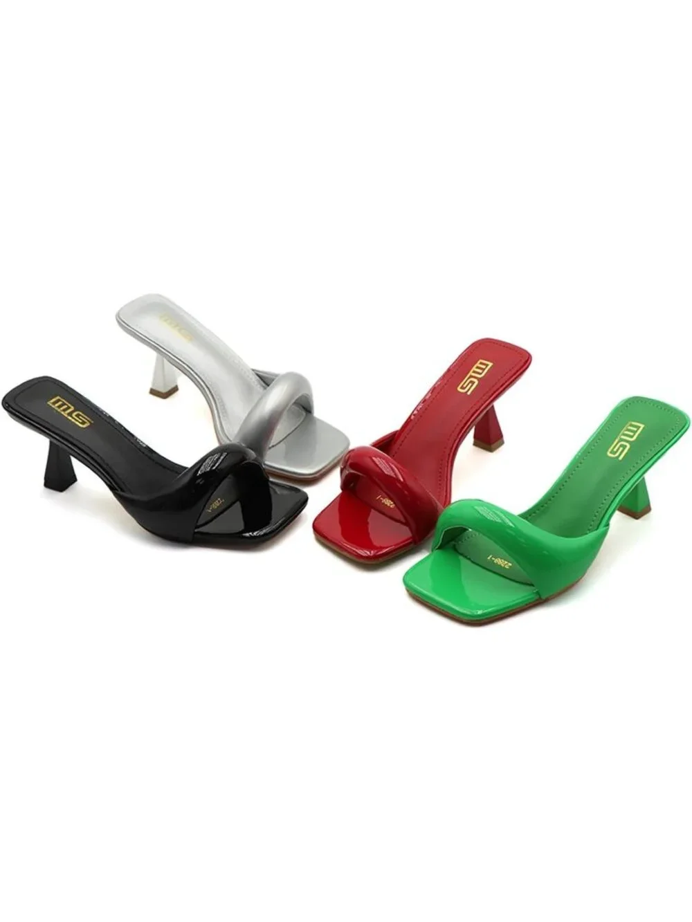 Women's Green Leather One Band Square Open Toe Fashion Backless Heel Sandals